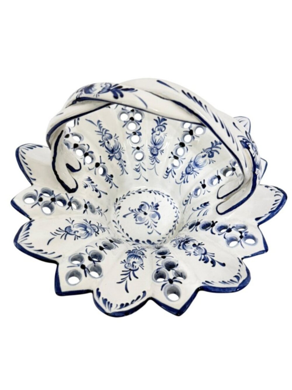 VTG Signed RCCL Ceramic Basket Portugal Hand Painted Floral White Blue READ